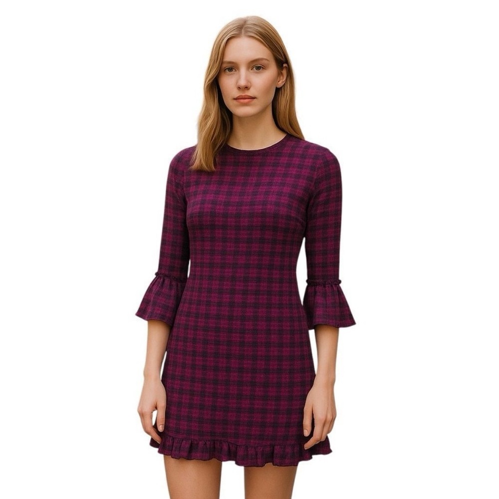 Free People Autumn Chill Plaid Mini Dress in Pomegranate Overdye - Picture 4 of 8